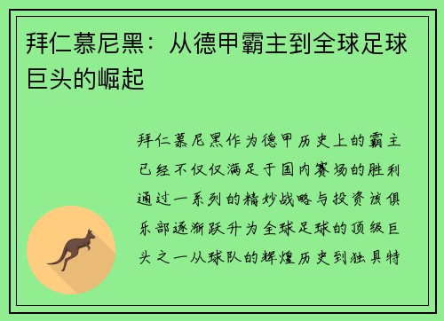 拜仁慕尼黑：从德甲霸主到全球足球巨头的崛起